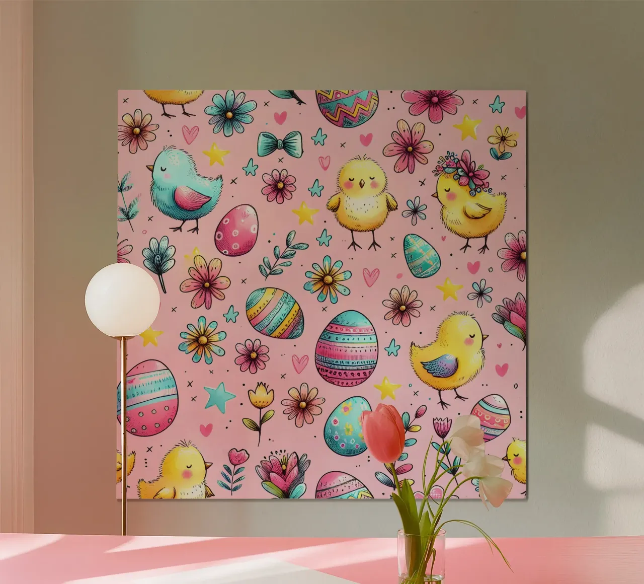 Scarabocchi di pulcini di Pasqua poster con telaio in legno da Happy Littles