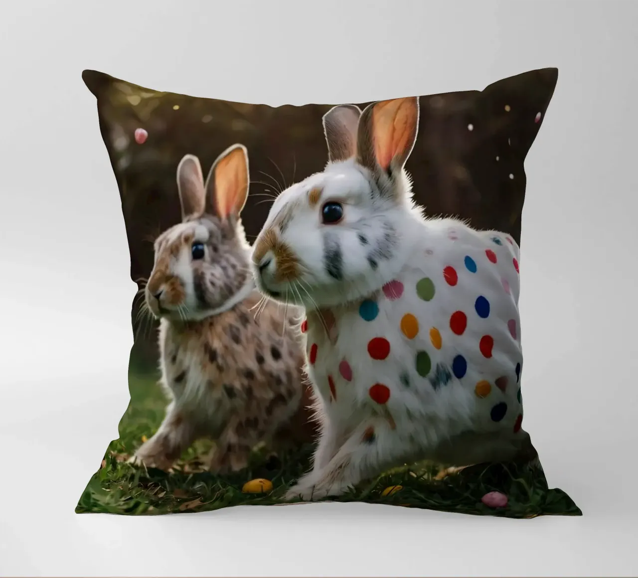 Conigli colorati giocano in un giardino soleggiato cuscino da DesignDoodle