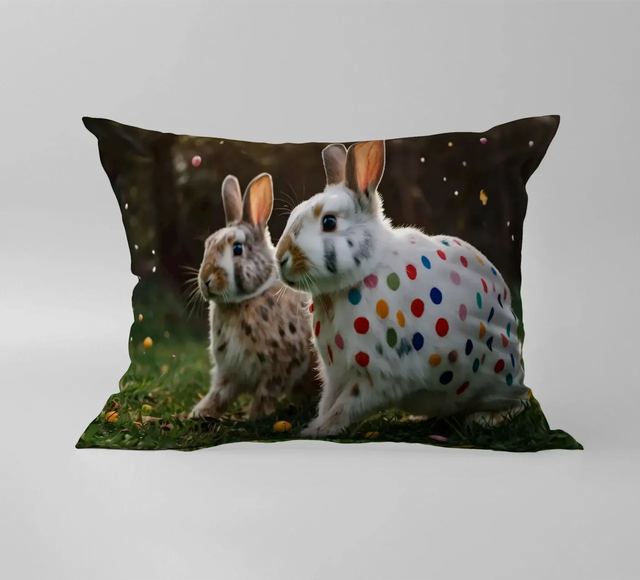 Conigli colorati giocano in un giardino soleggiato cuscino da DesignDoodle