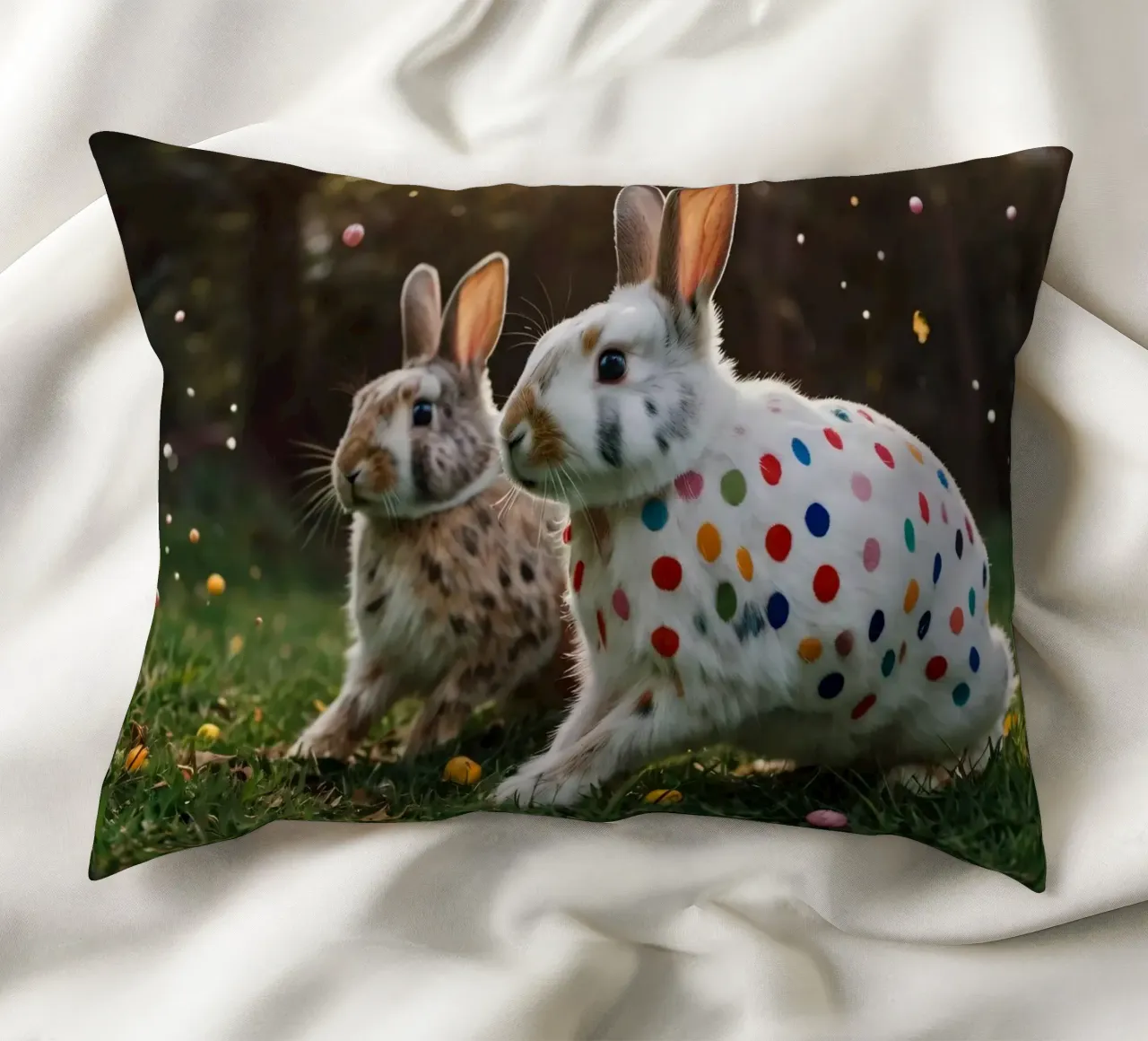 Conigli colorati giocano in un giardino soleggiato cuscino da DesignDoodle