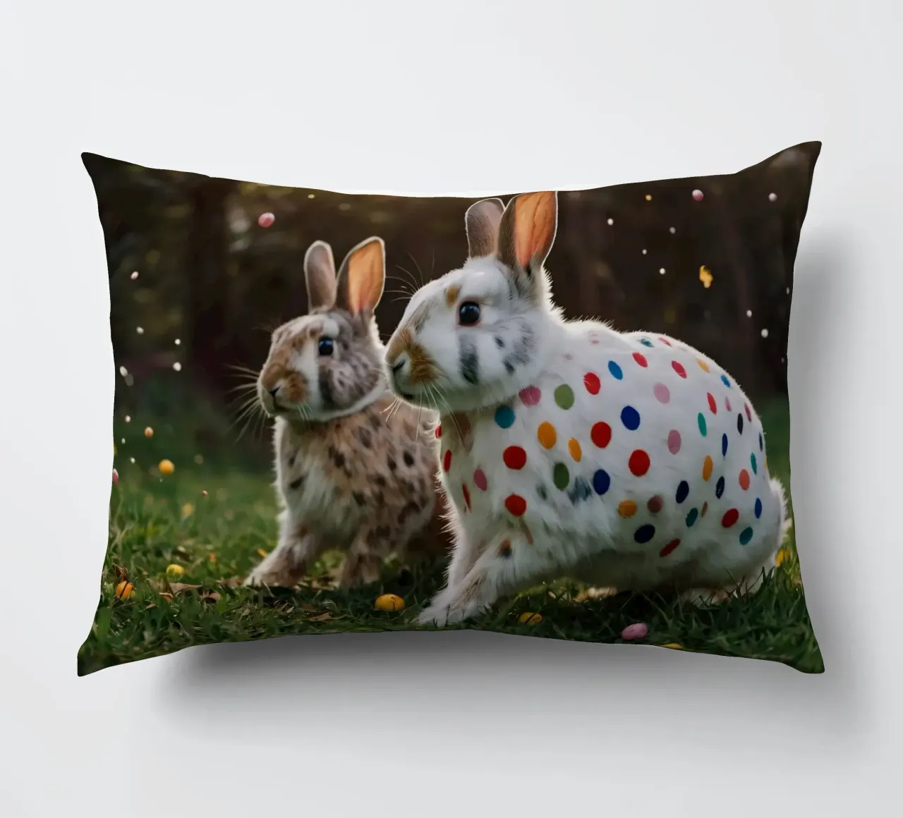 Conigli colorati giocano in un giardino soleggiato cuscino da DesignDoodle