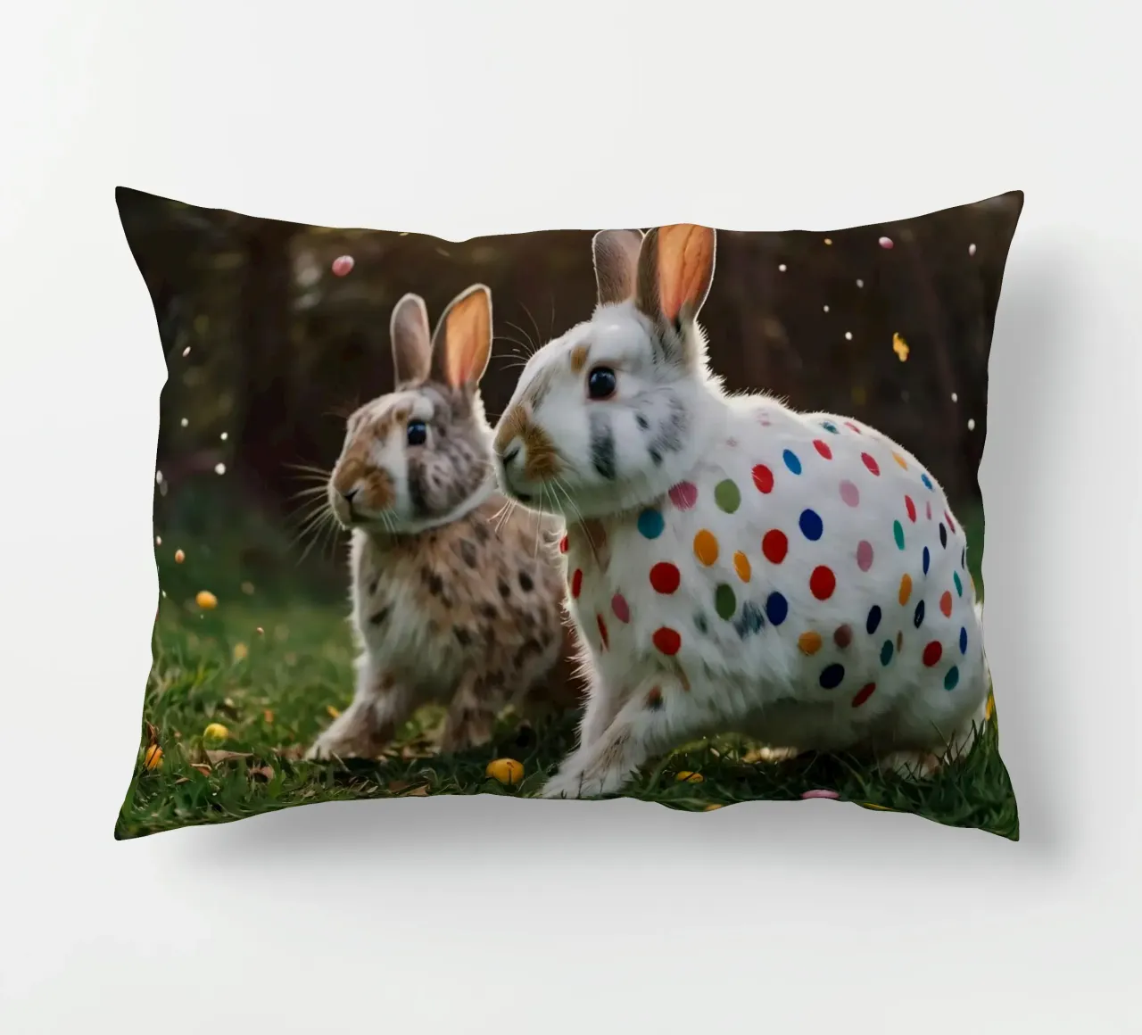 Conigli colorati giocano in un giardino soleggiato cuscino da DesignDoodle