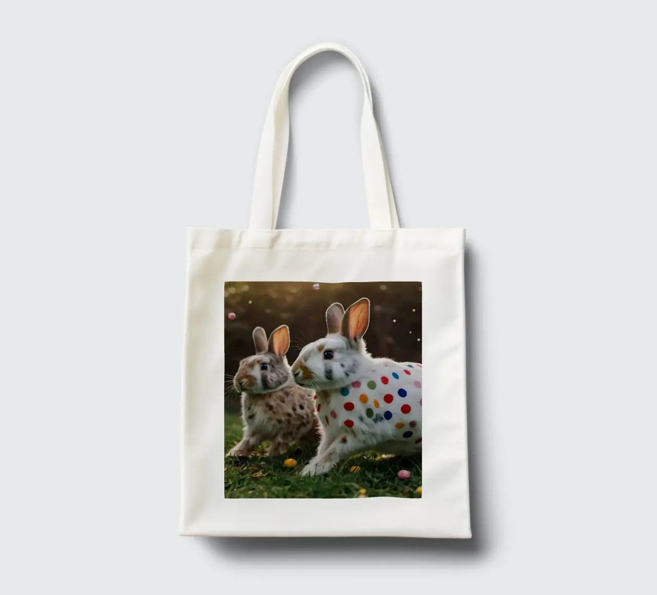 Conigli colorati giocano in un giardino soleggiato borsa in juta da DesignDoodle