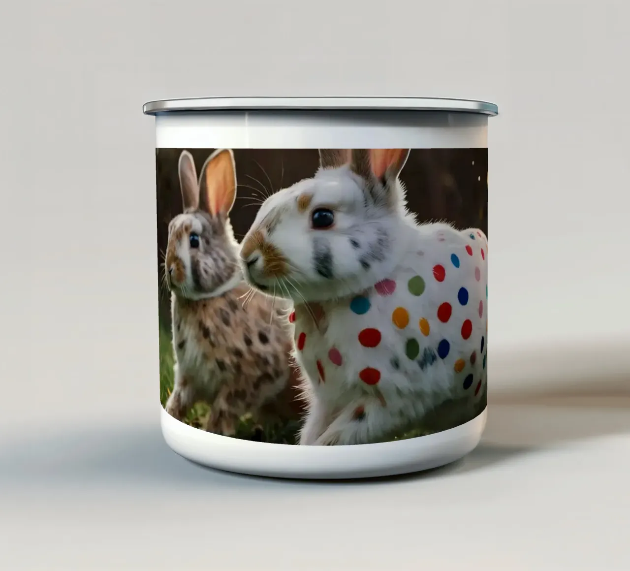 Conigli colorati giocano in un giardino soleggiato tazza in smalto da DesignDoodle