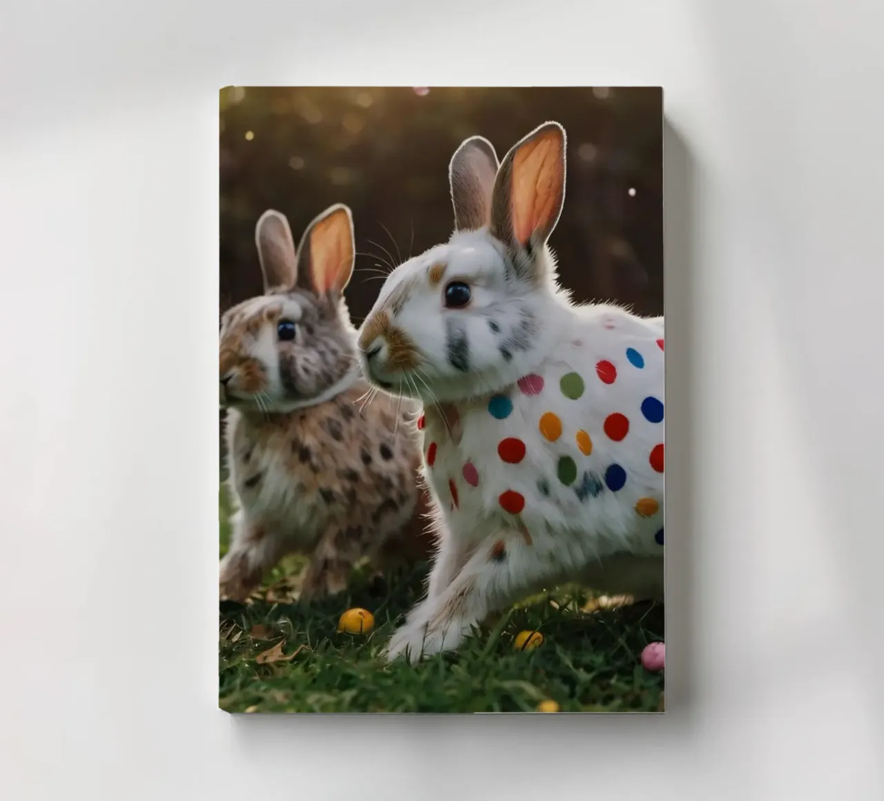 Colorful rabbits play in a sunny garden notebook by DesignDoodle