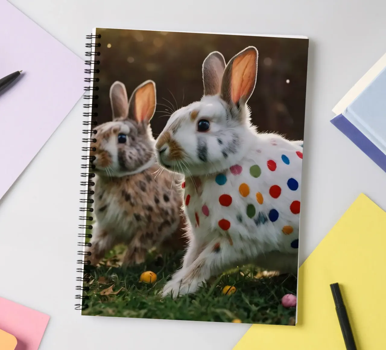 Colorful rabbits play in a sunny garden spiral notebook by DesignDoodle