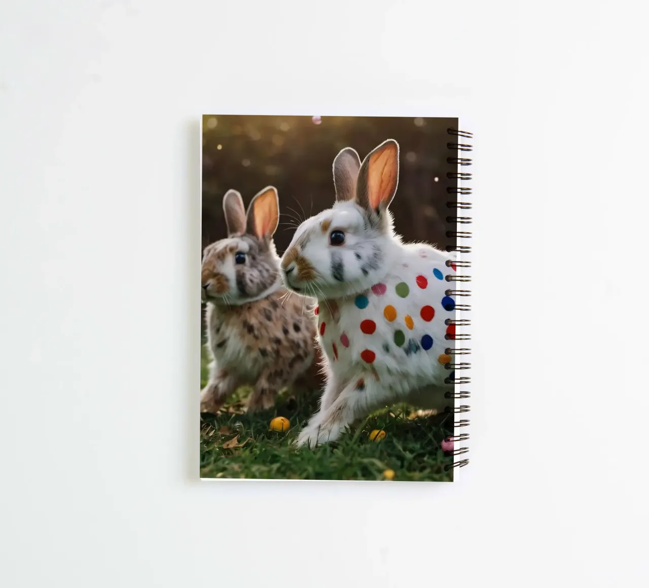 Colorful rabbits play in a sunny garden spiral notebook by DesignDoodle