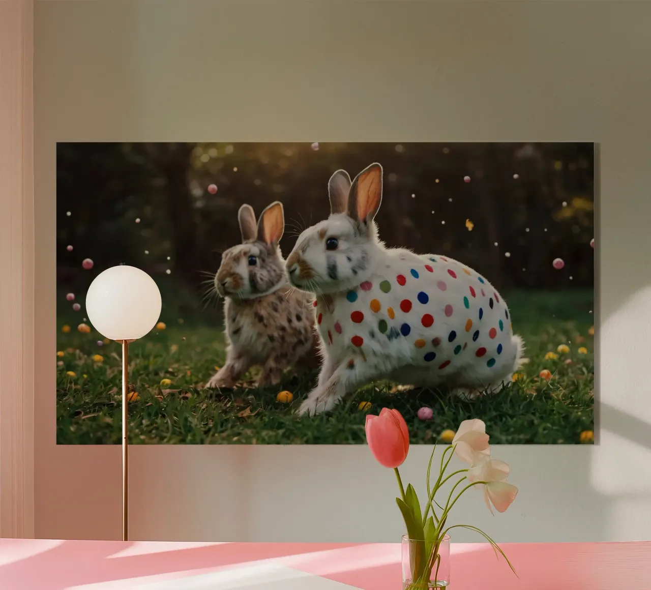 Conigli colorati giocano in un giardino soleggiato plexiglass da DesignDoodle