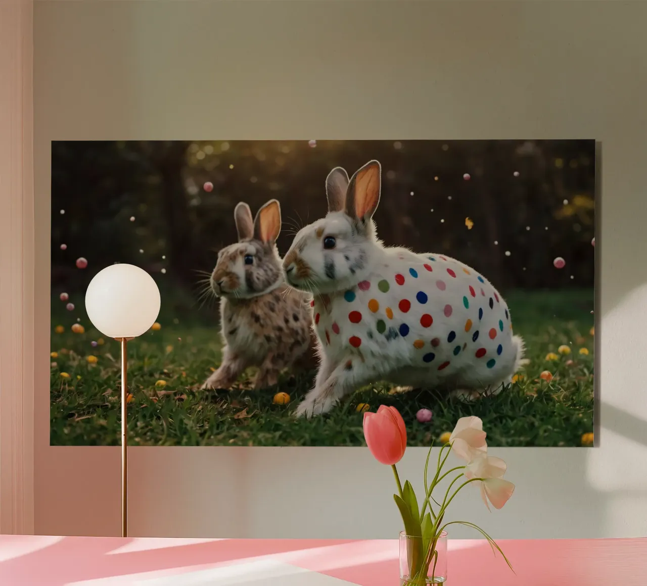 Conigli colorati giocano in un giardino soleggiato alluminio dibond da DesignDoodle