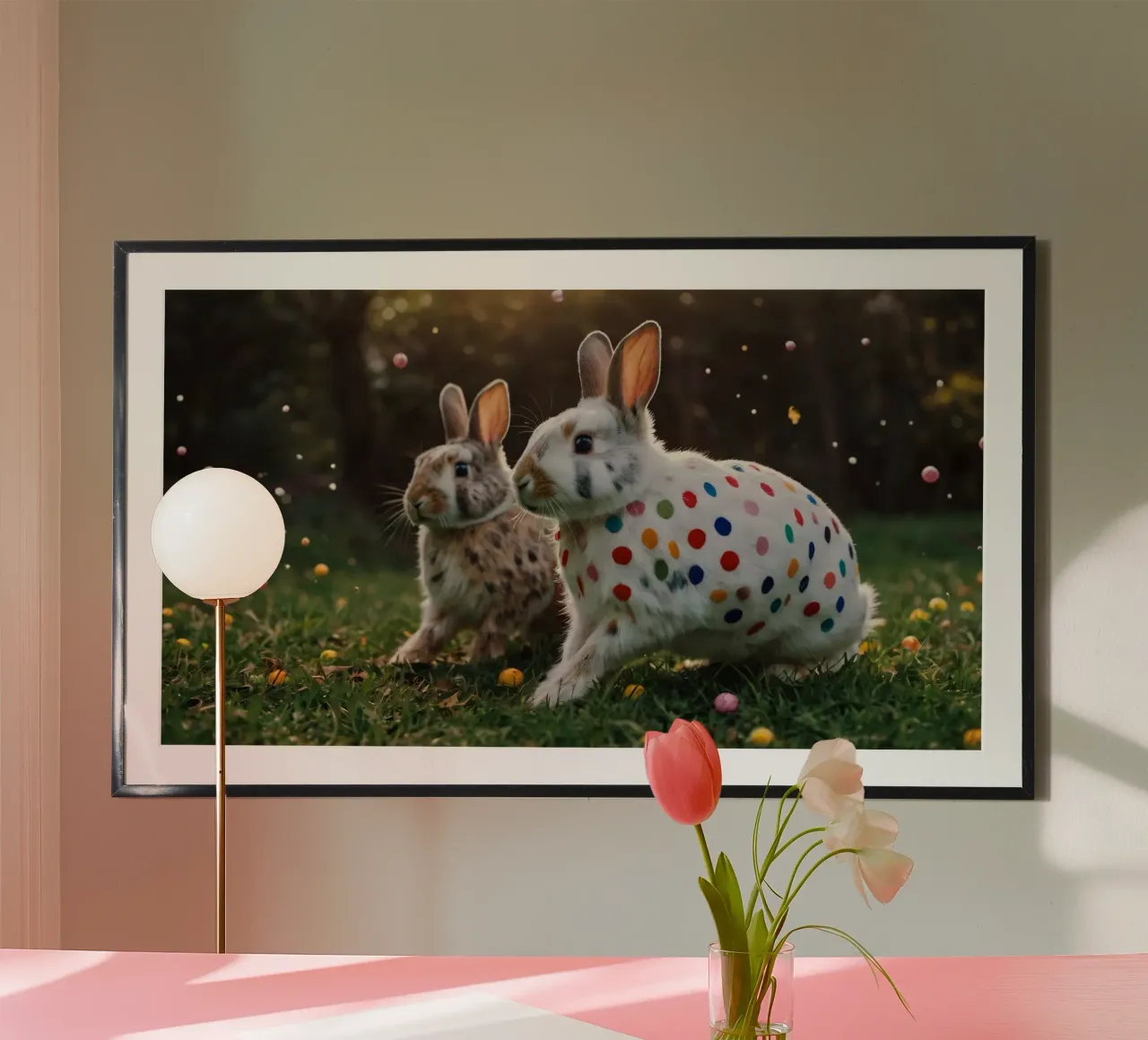Conigli colorati giocano in un giardino soleggiato carta hahnemühle da DesignDoodle