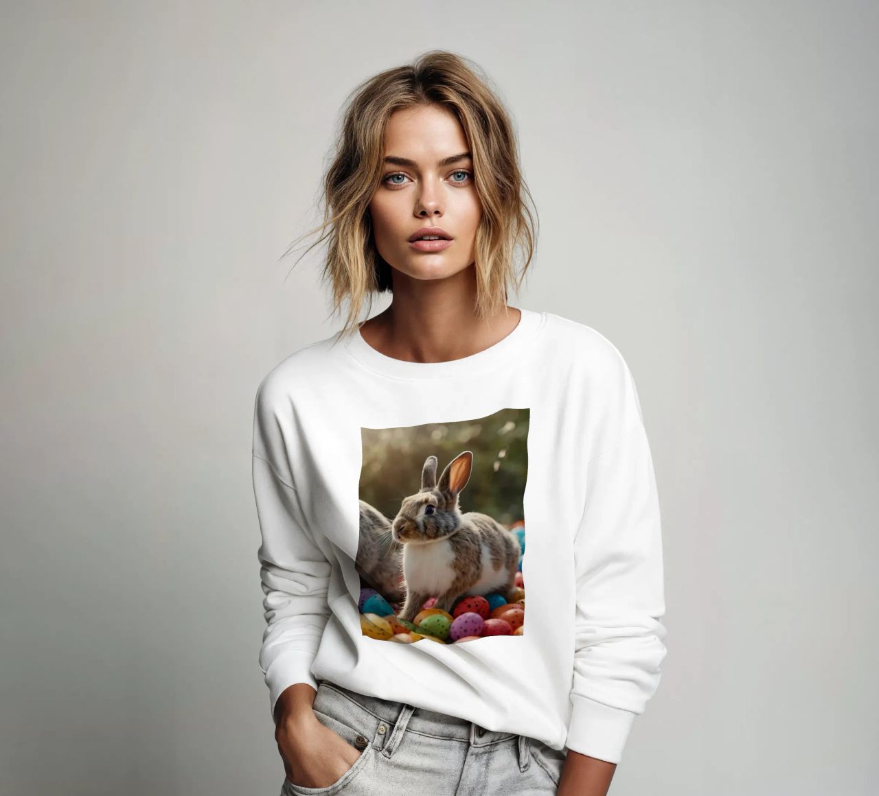 Rabbits exploring a colorful array of eggs sweatshirt by DesignDoodle