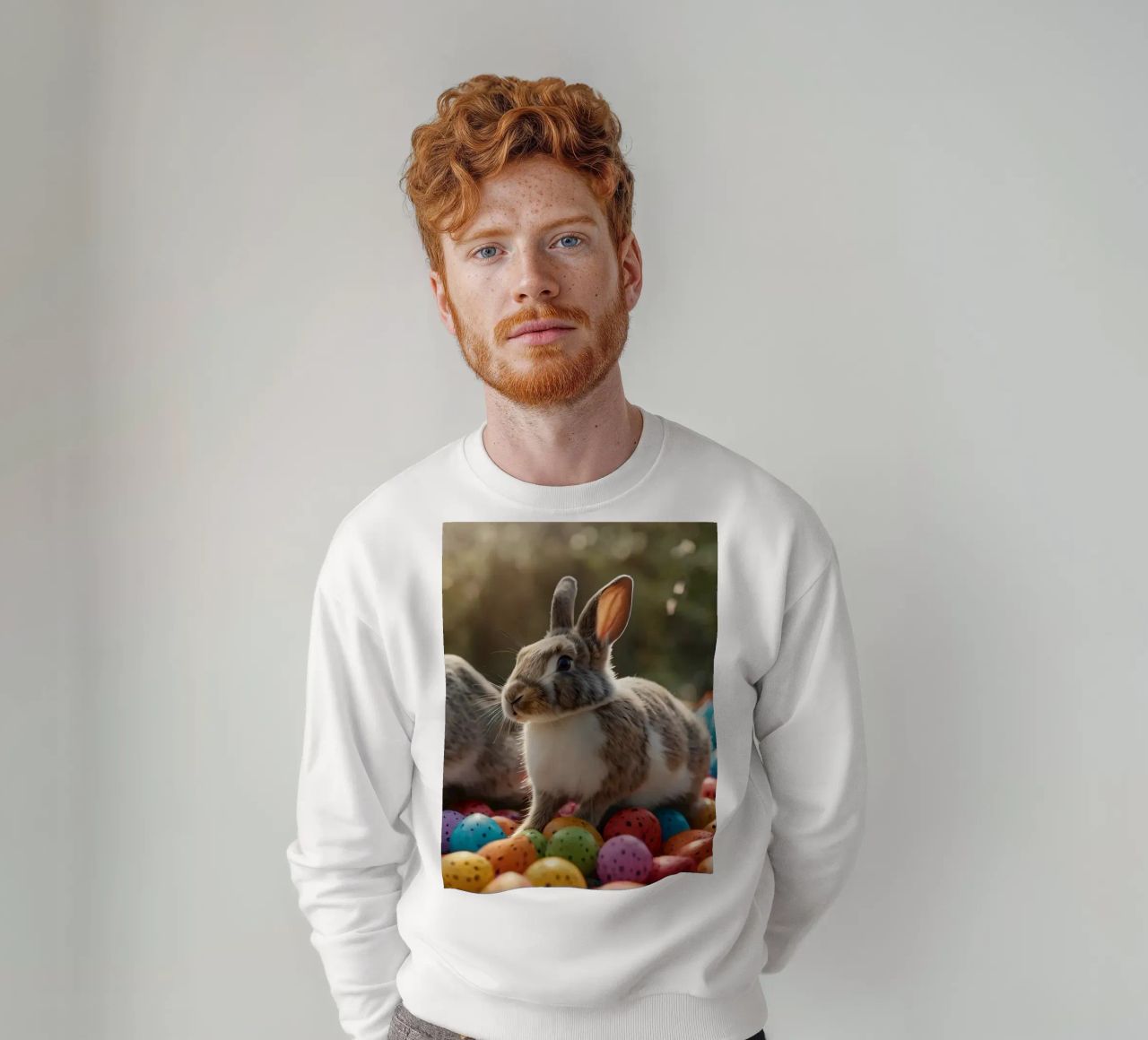 Rabbits exploring a colorful array of eggs sweatshirt by DesignDoodle