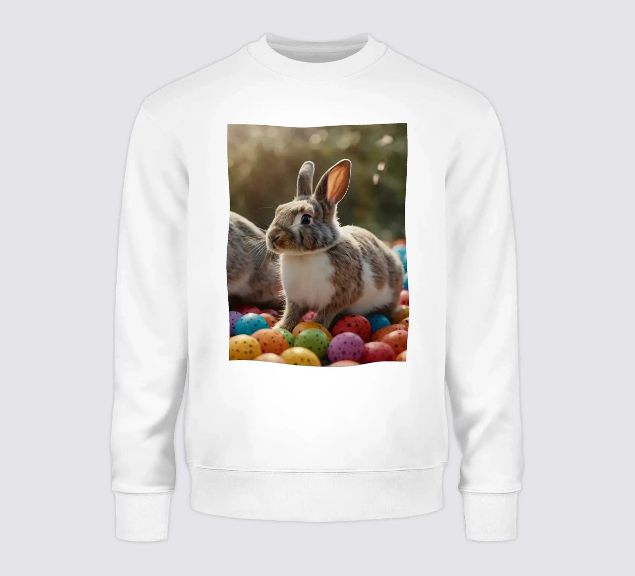Rabbits exploring a colorful array of eggs sweatshirt by DesignDoodle