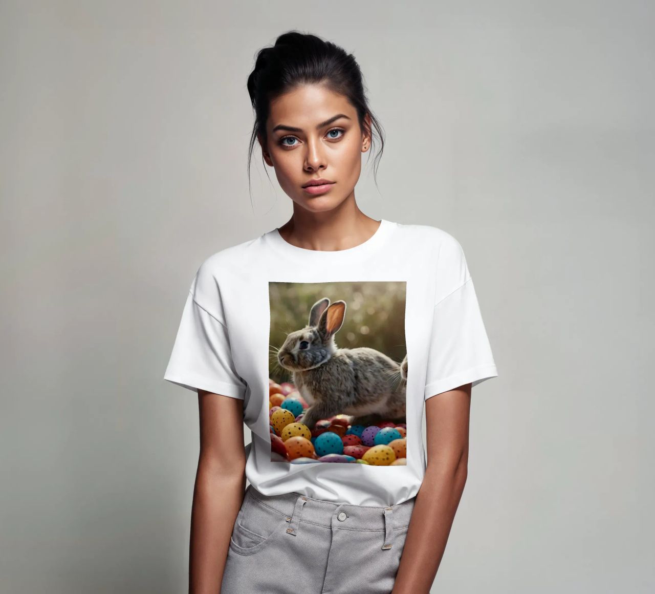 Rabbits exploring a colorful array of eggs t-shirt by DesignDoodle