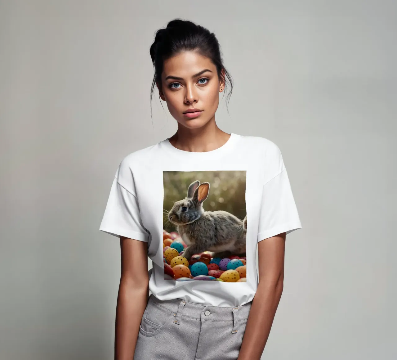 Rabbits exploring a colorful array of eggs t-shirt by DesignDoodle