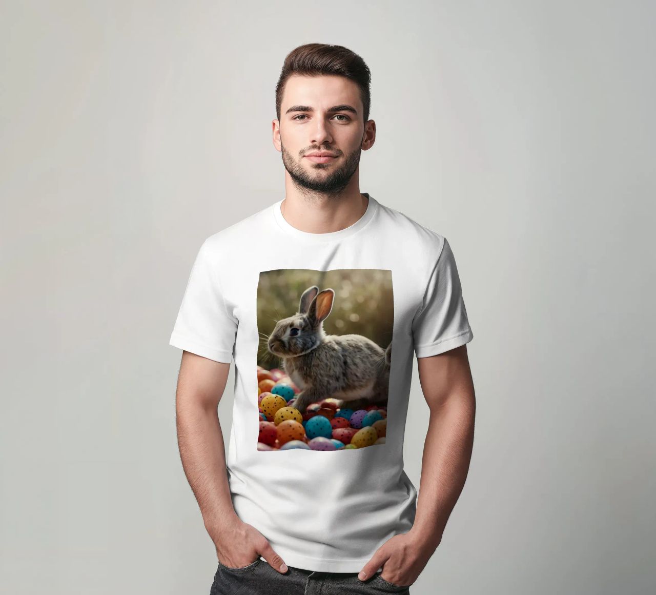 Rabbits exploring a colorful array of eggs t-shirt by DesignDoodle