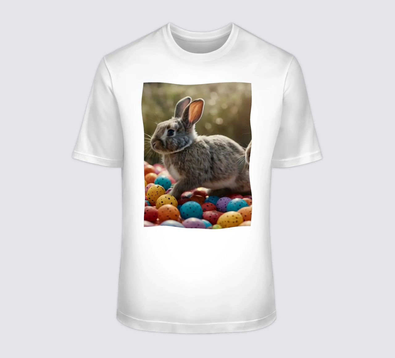 Rabbits exploring a colorful array of eggs t-shirt by DesignDoodle