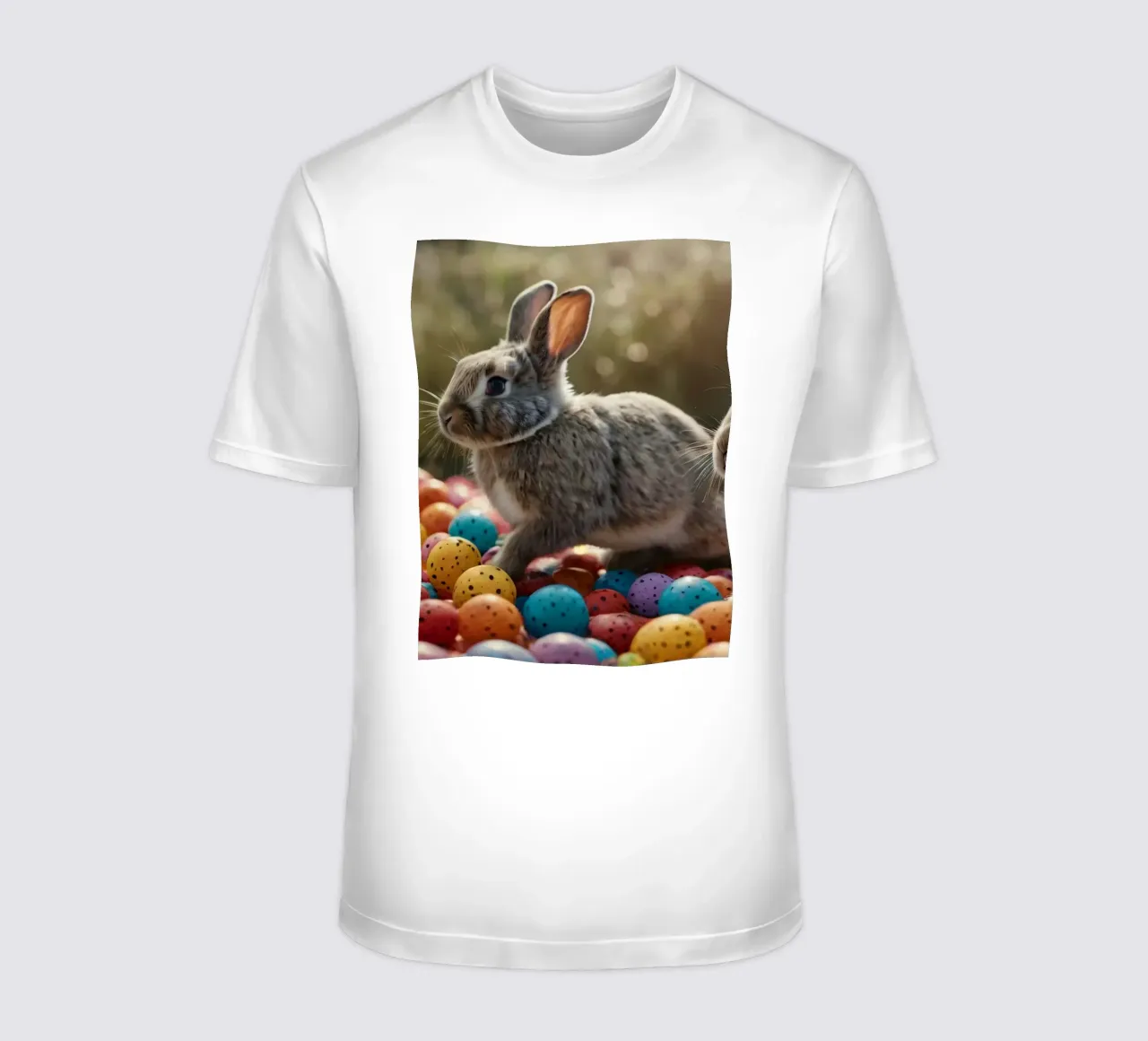 Rabbits exploring a colorful array of eggs t-shirt by DesignDoodle