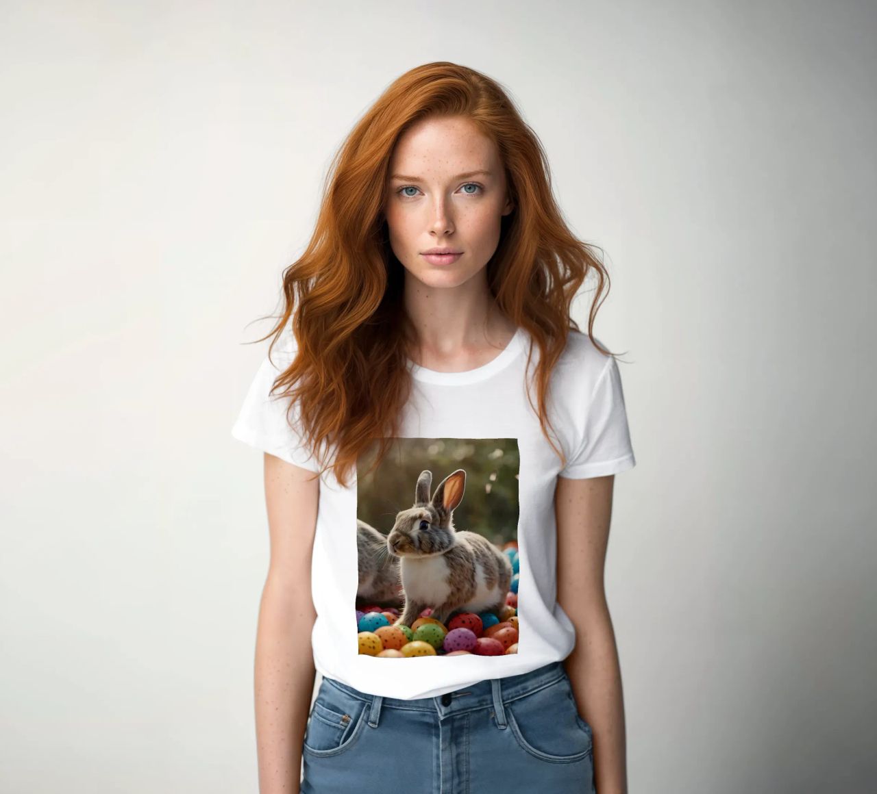 Rabbits exploring a colorful array of eggs women's fitted t-shirt by DesignDoodle