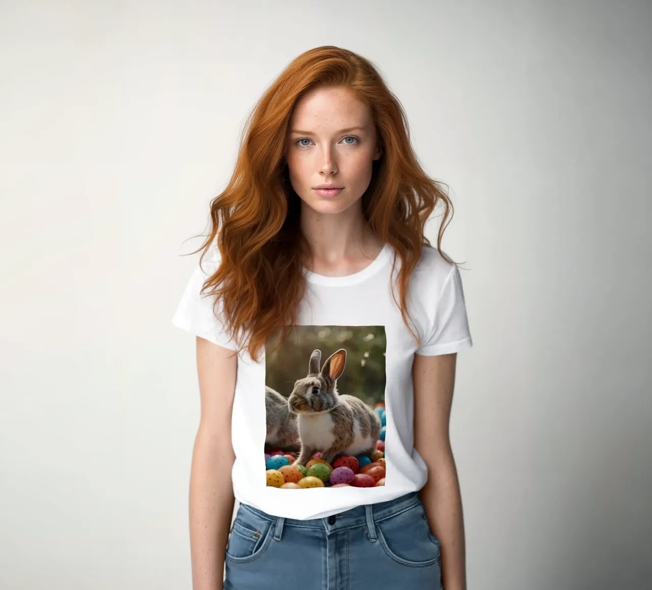 Conigli che esplorano una serie di uova colorate t-shirt da donna da DesignDoodle