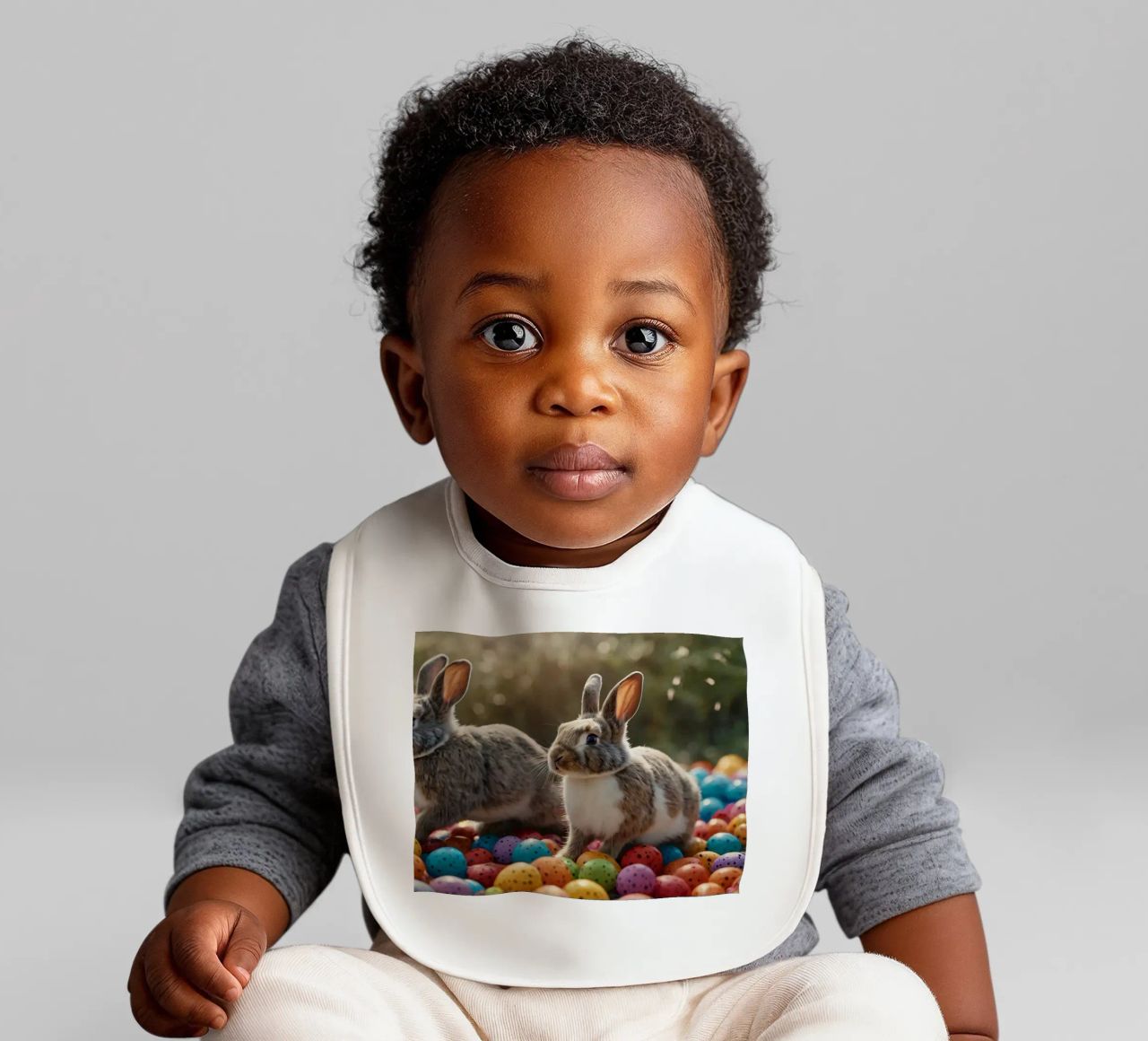 Rabbits exploring a colorful array of eggs baby bib by DesignDoodle