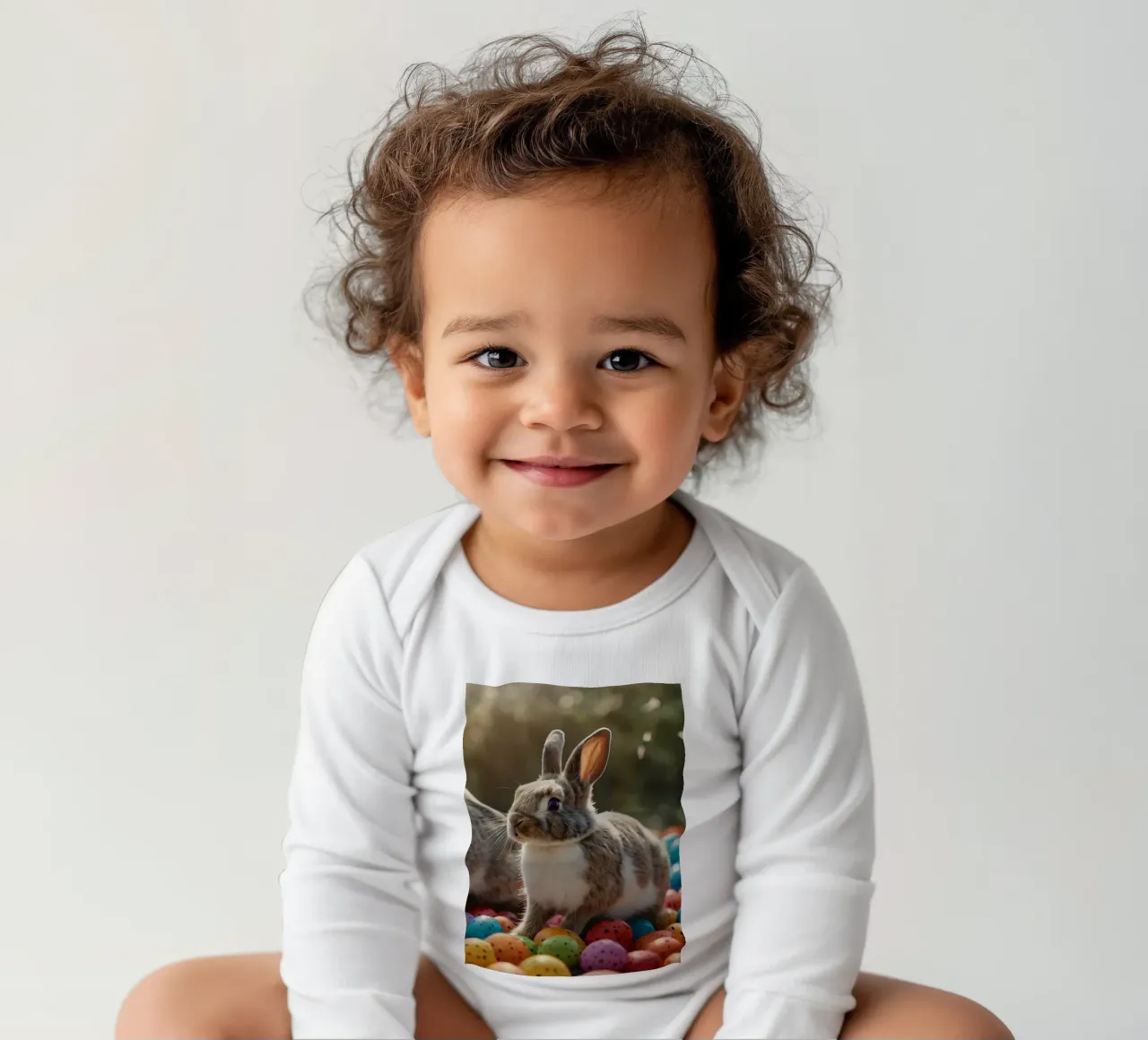 Rabbits exploring a colorful array of eggs long-sleeve baby romper by DesignDoodle