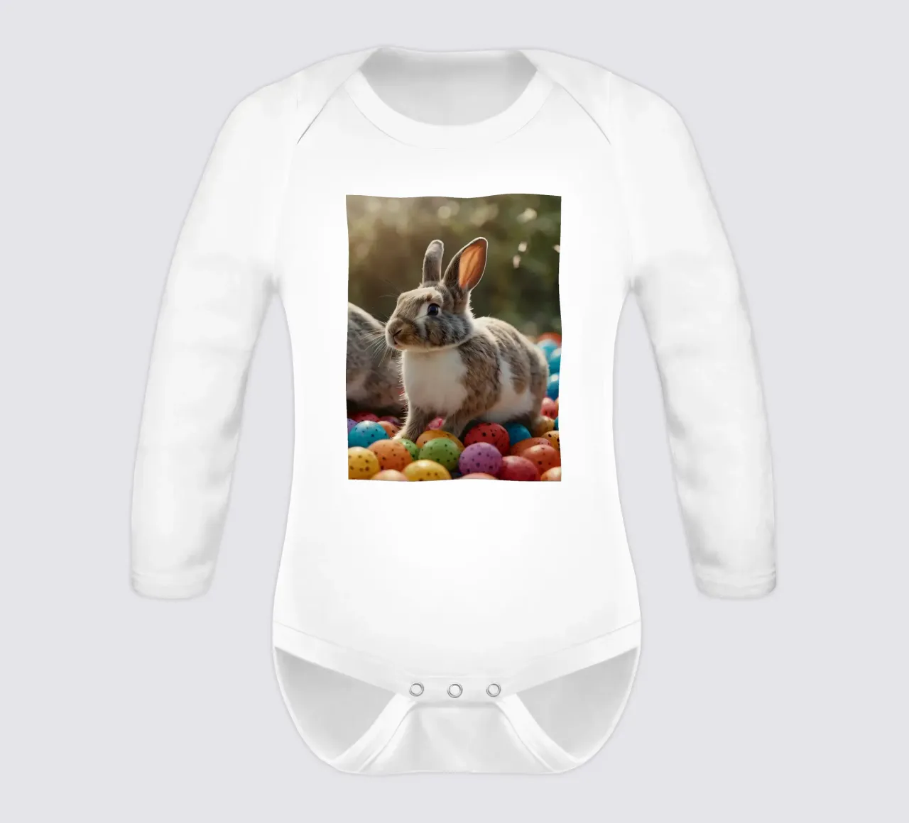Rabbits exploring a colorful array of eggs long-sleeve baby romper by DesignDoodle
