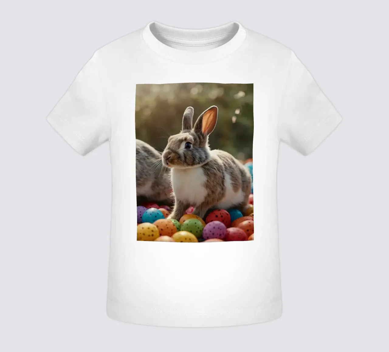 Des lapins explorant une multitude d'œufs colorés t-shirt pour bébé de DesignDoodle