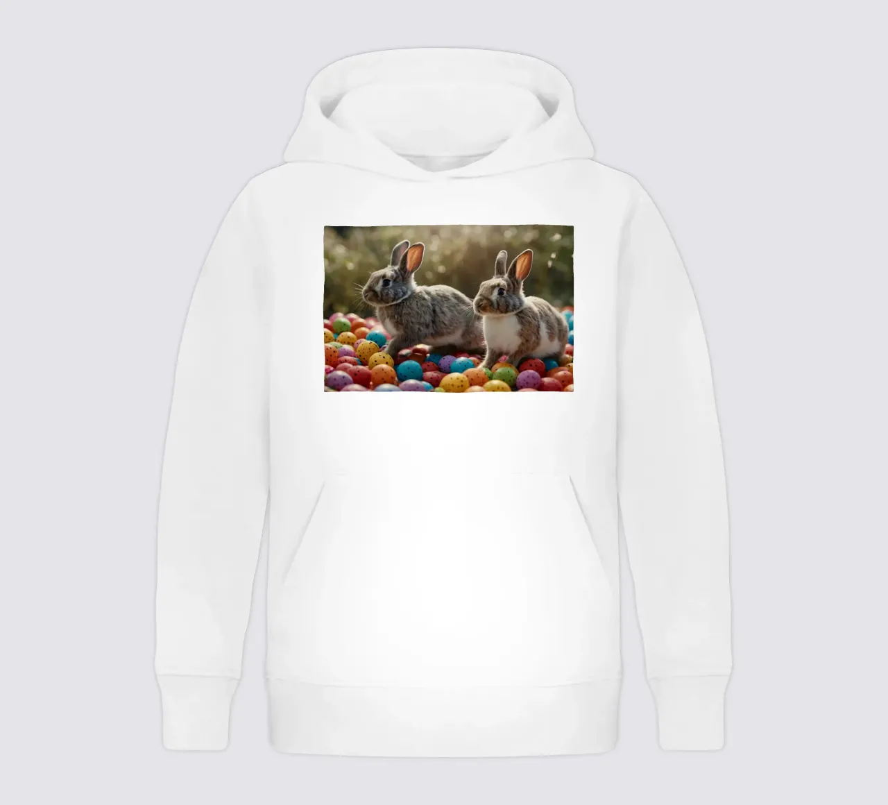 Rabbits exploring a colorful array of eggs kids hoodie by DesignDoodle
