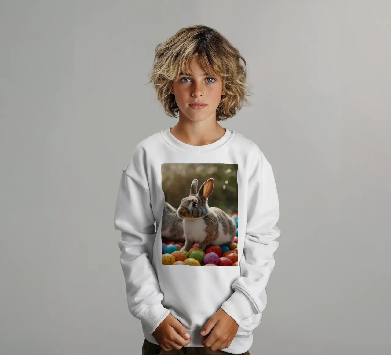 Des lapins explorant une multitude d'œufs colorés sweat enfant de DesignDoodle