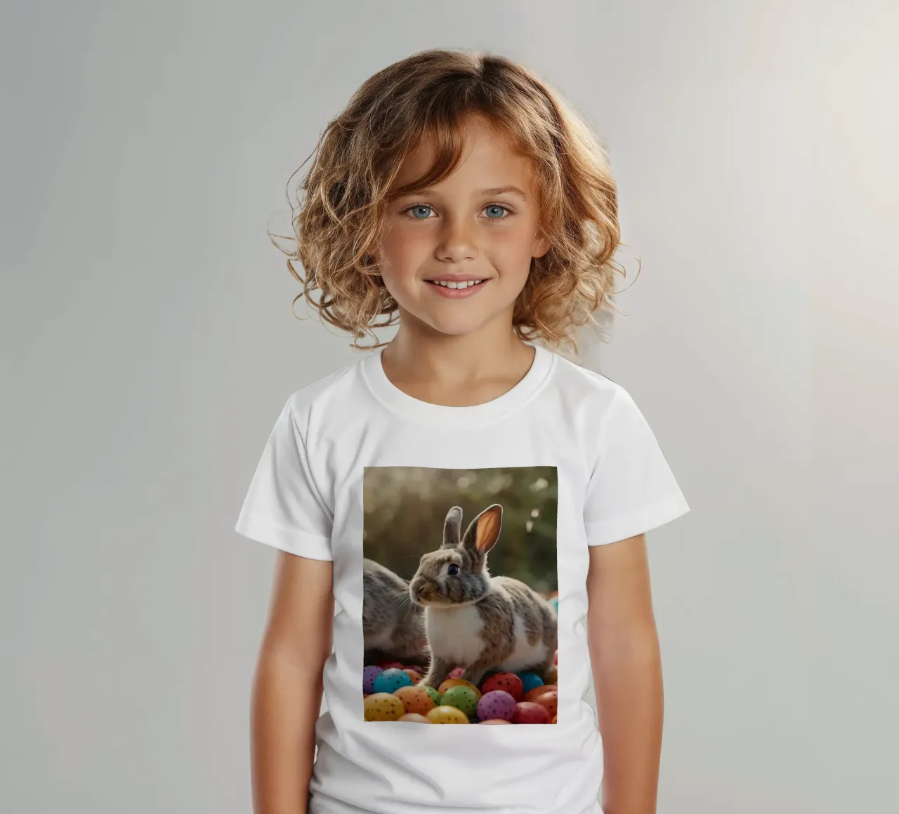 Rabbits exploring a colorful array of eggs kids t-shirt by DesignDoodle