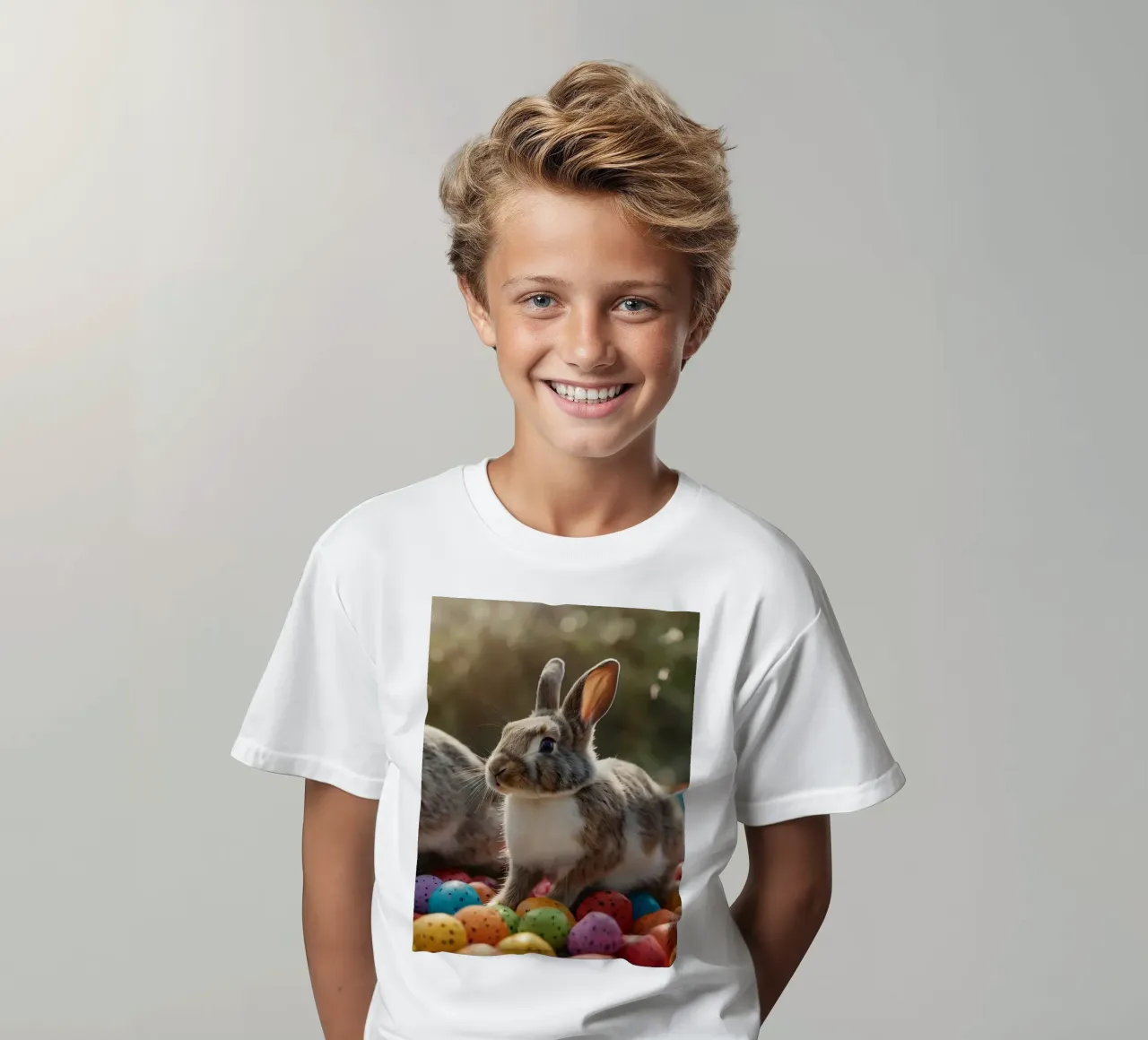 Rabbits exploring a colorful array of eggs kids t-shirt by DesignDoodle