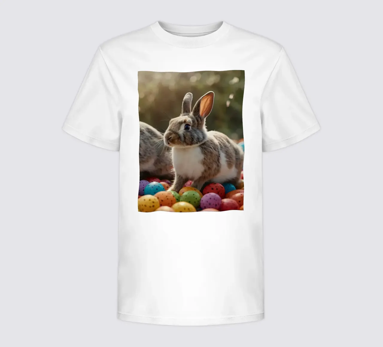 Des lapins explorant une multitude d'œufs colorés t-shirt enfant de DesignDoodle