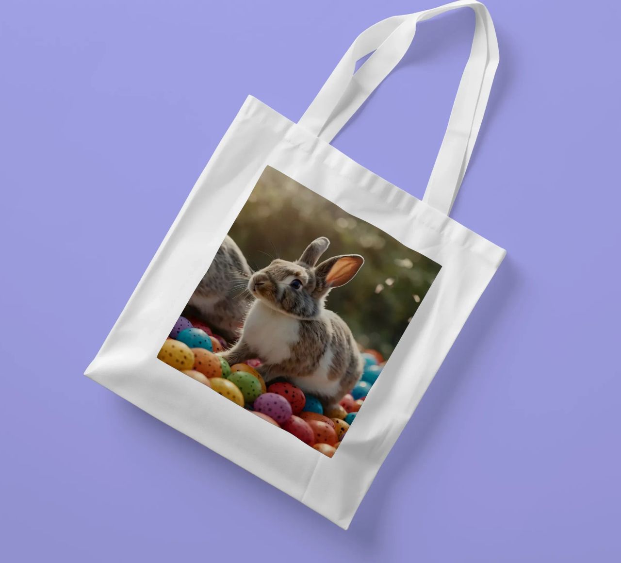 Rabbits exploring a colorful array of eggs tote bag by DesignDoodle
