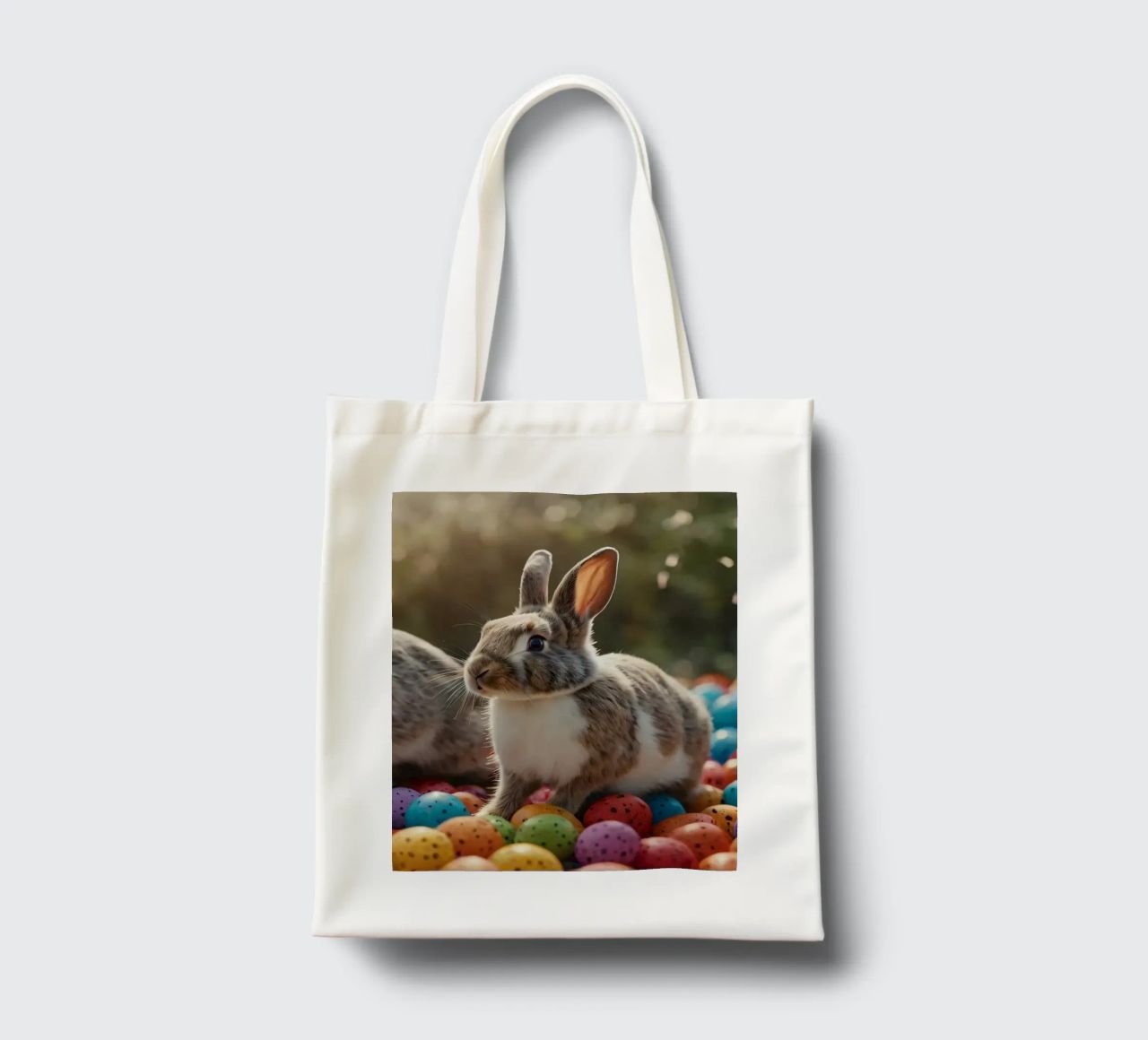 Rabbits exploring a colorful array of eggs tote bag by DesignDoodle