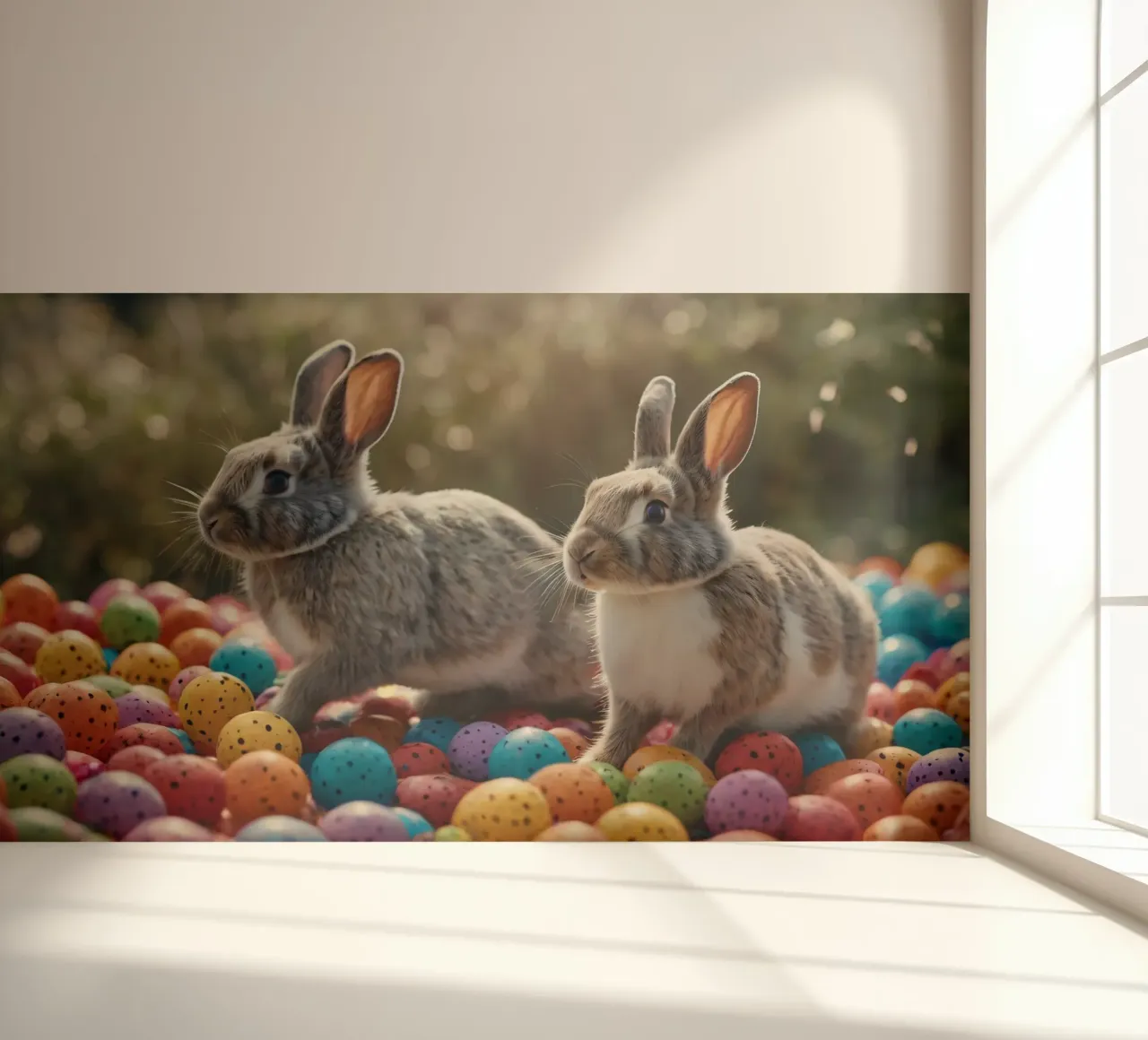 Rabbits exploring a colorful array of eggs photo wallpaper by DesignDoodle