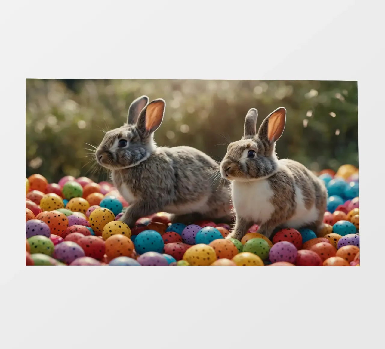 Rabbits exploring a colorful array of eggs photo wallpaper by DesignDoodle