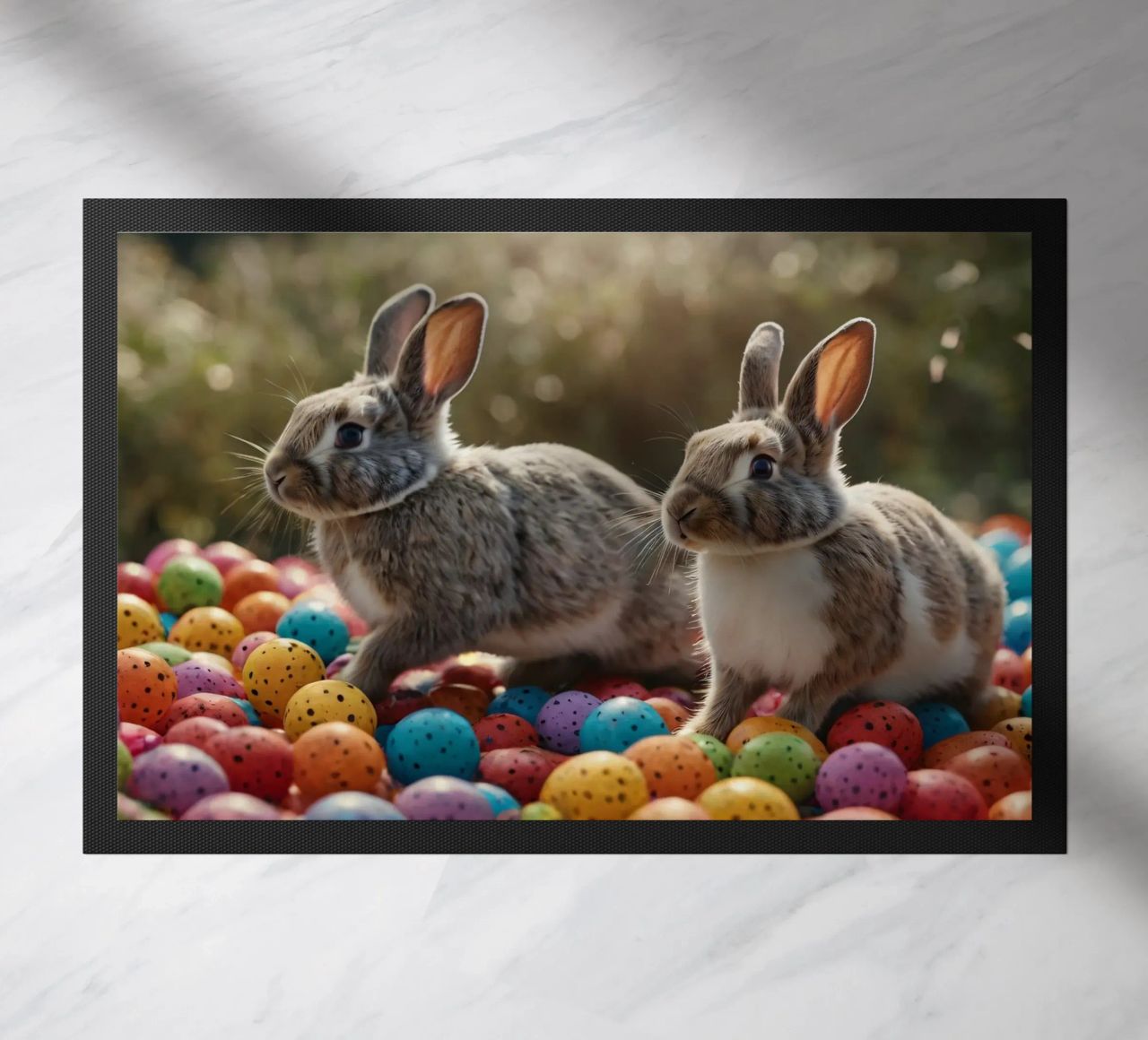 Rabbits exploring a colorful array of eggs doormat by DesignDoodle