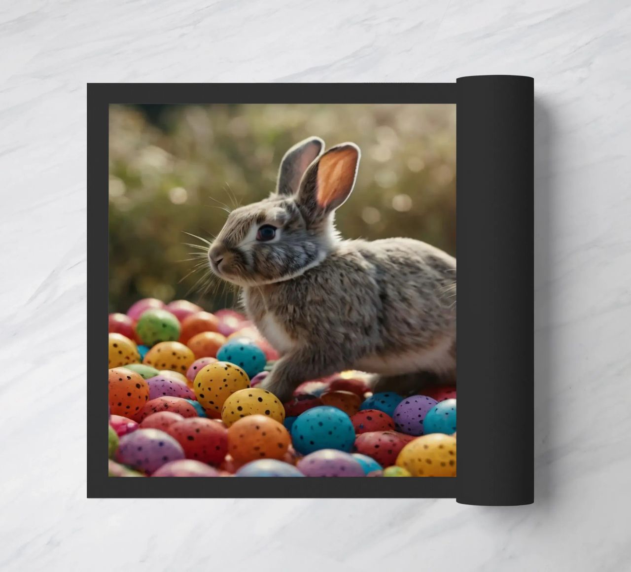 Rabbits exploring a colorful array of eggs doormat by DesignDoodle