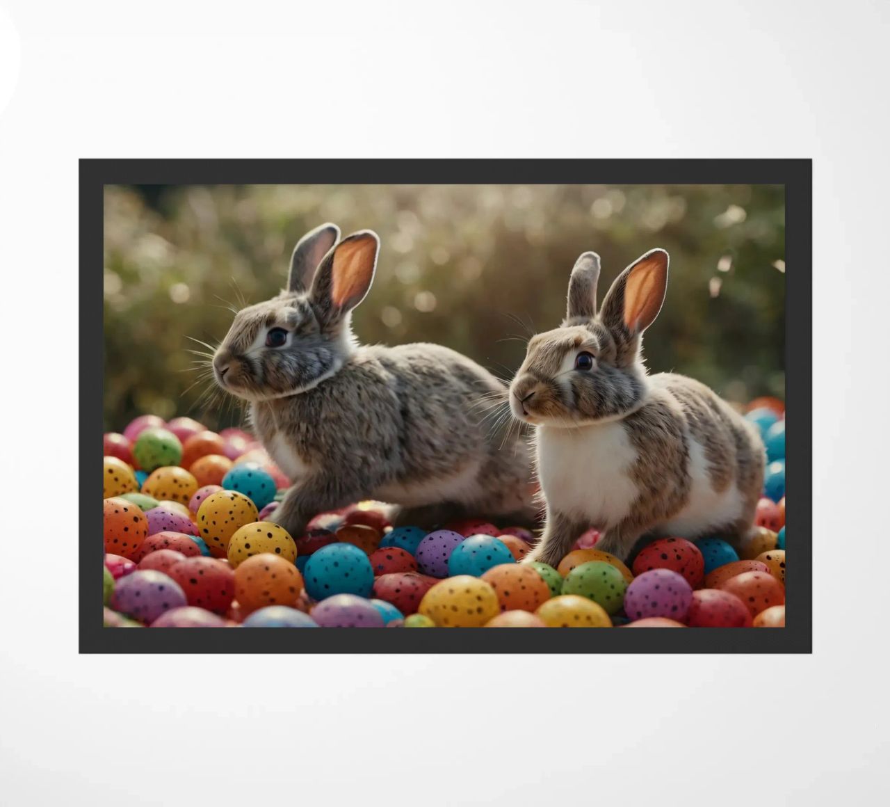 Rabbits exploring a colorful array of eggs doormat by DesignDoodle