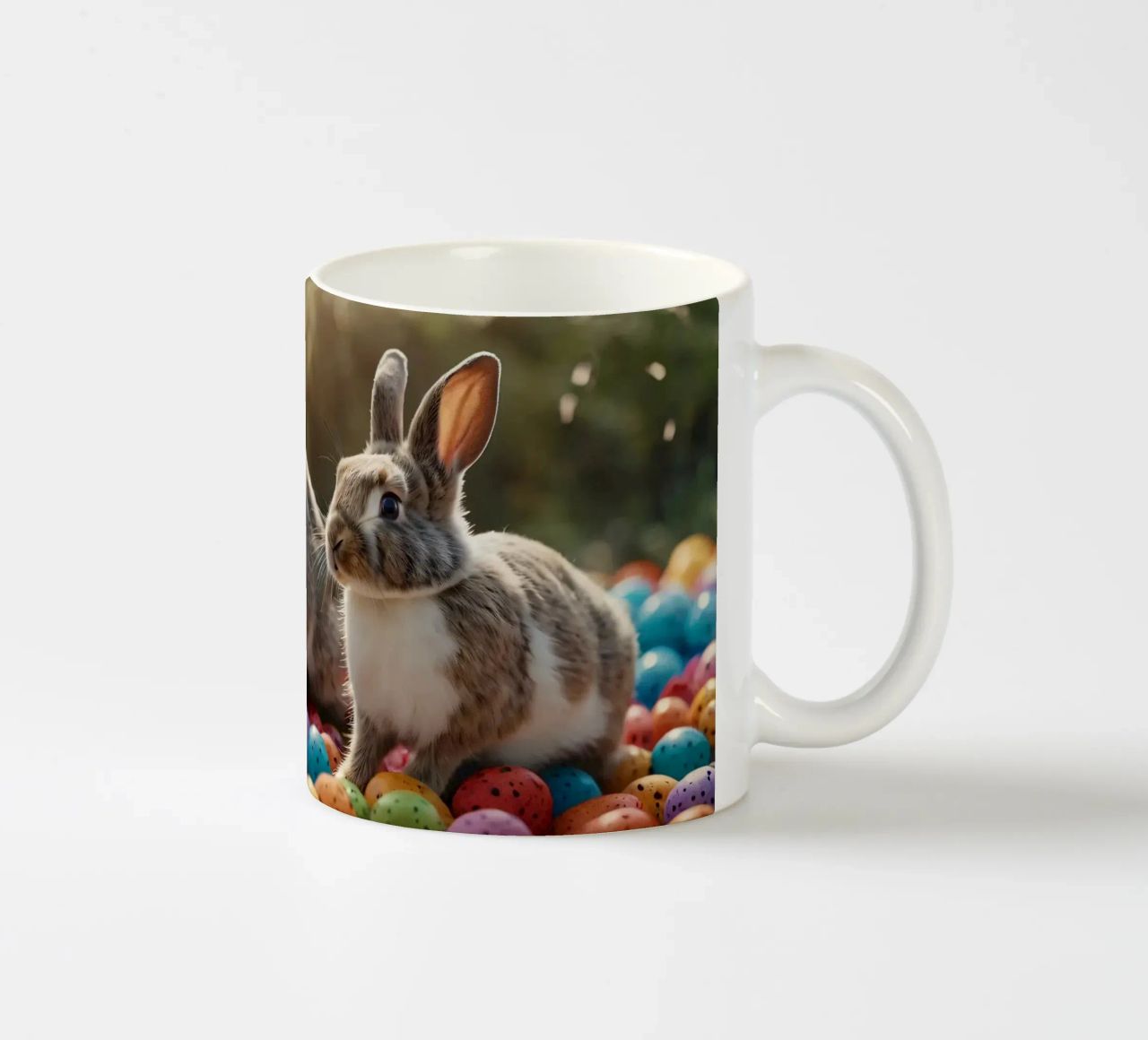 Rabbits exploring a colorful array of eggs ceramic mug by DesignDoodle