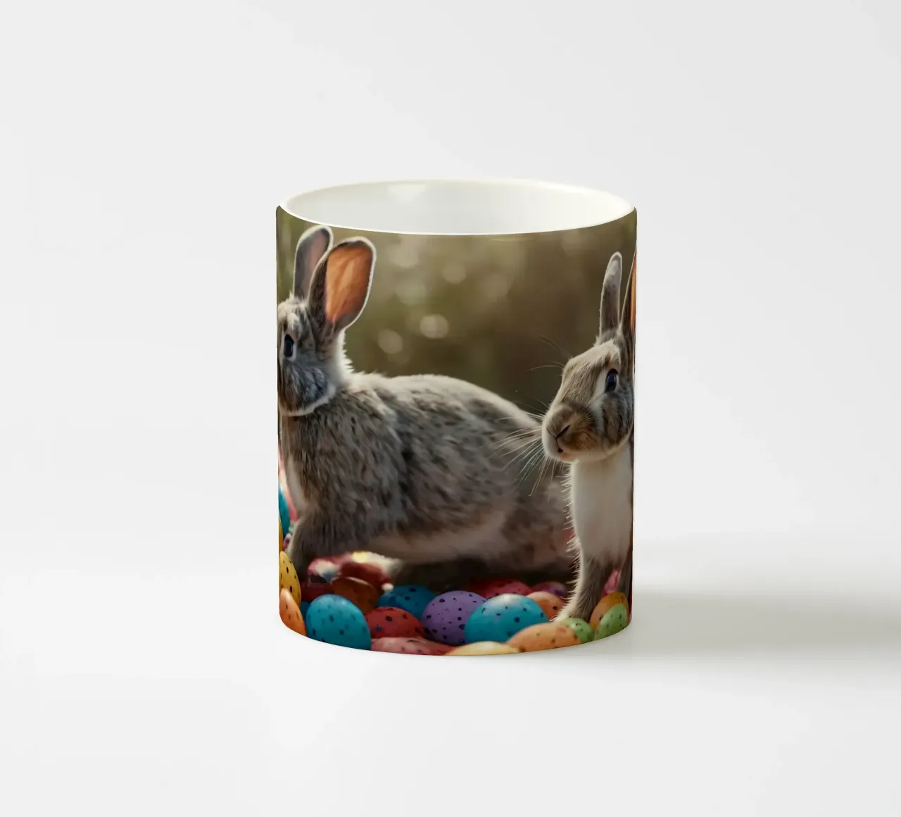 Conigli che esplorano una serie di uova colorate tazza in ceramica da DesignDoodle
