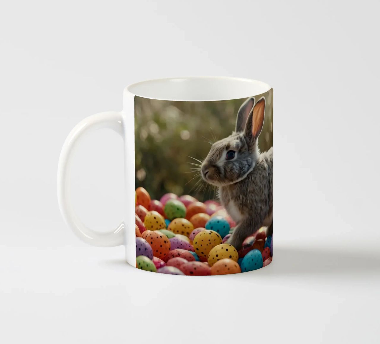 Rabbits exploring a colorful array of eggs ceramic mug by DesignDoodle