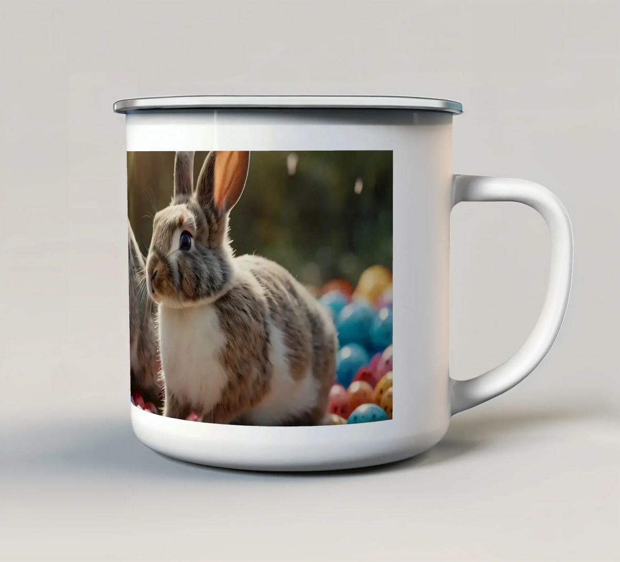 Conigli che esplorano una serie di uova colorate tazza in smalto da DesignDoodle