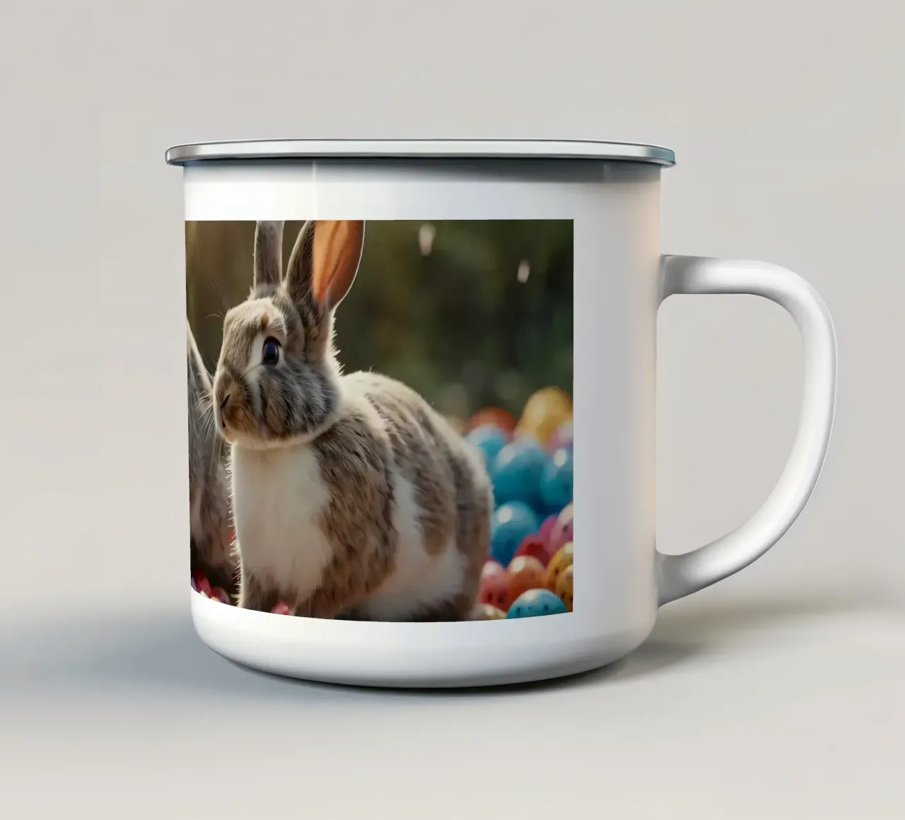 Conigli che esplorano una serie di uova colorate tazza in smalto da DesignDoodle
