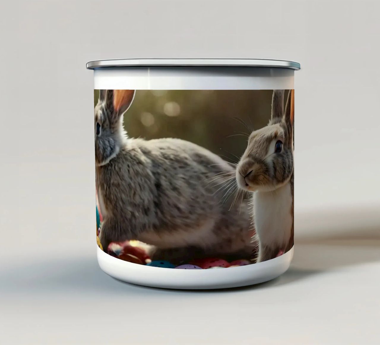 Conigli che esplorano una serie di uova colorate tazza in smalto da DesignDoodle