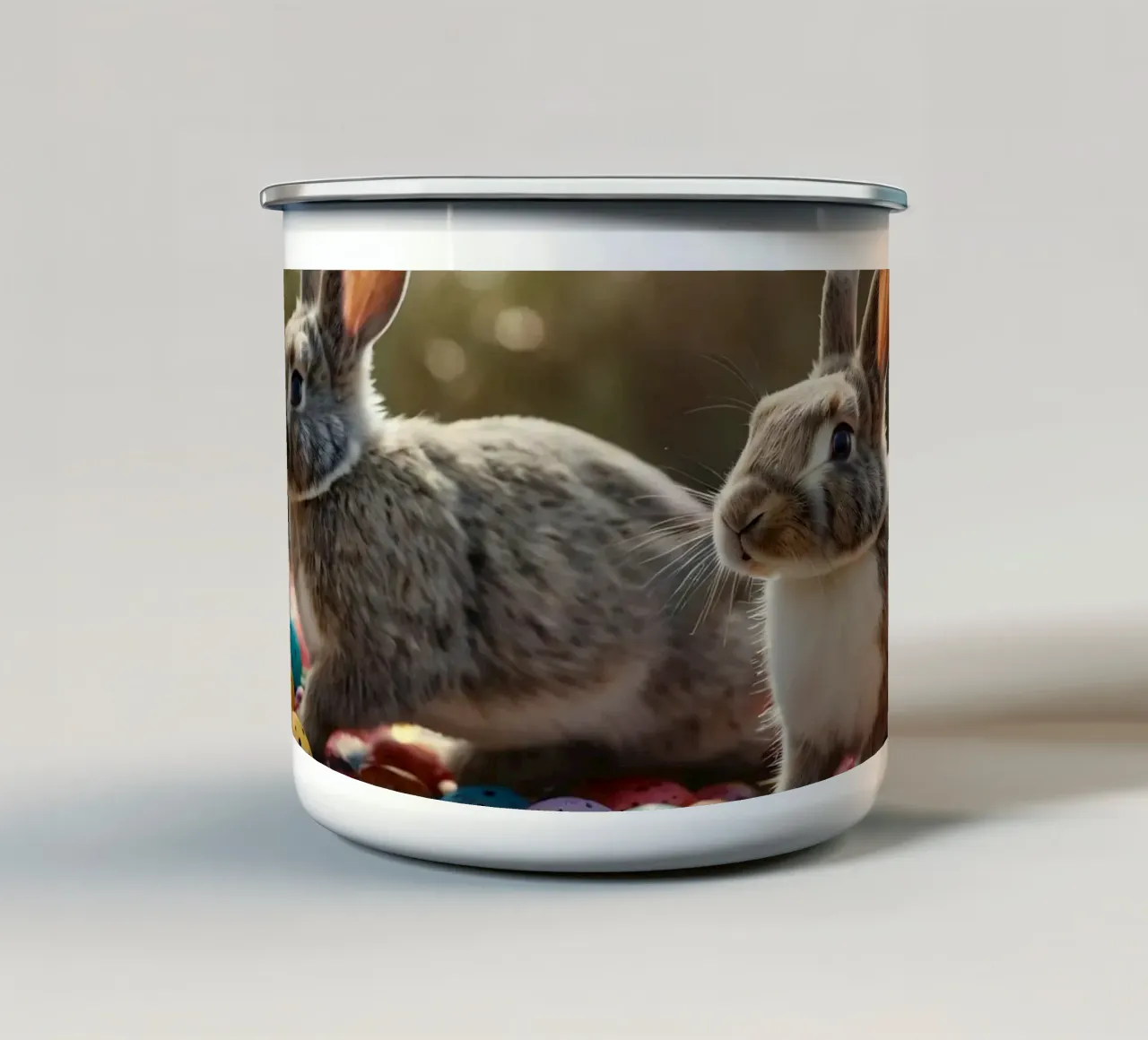 Conigli che esplorano una serie di uova colorate tazza in smalto da DesignDoodle