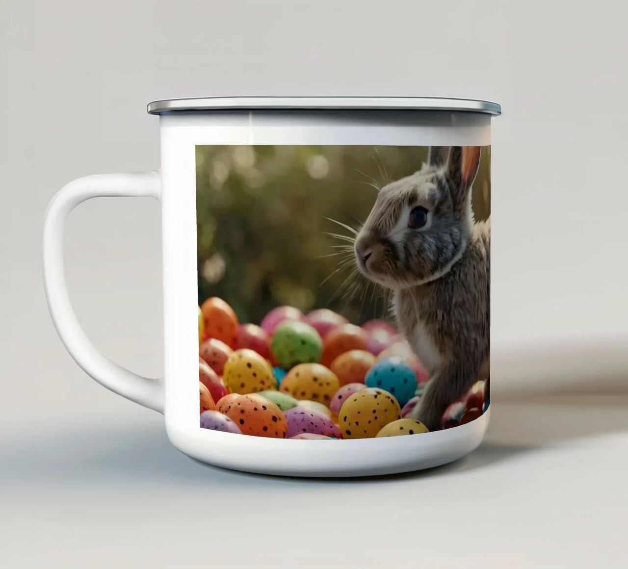 Conigli che esplorano una serie di uova colorate tazza in smalto da DesignDoodle