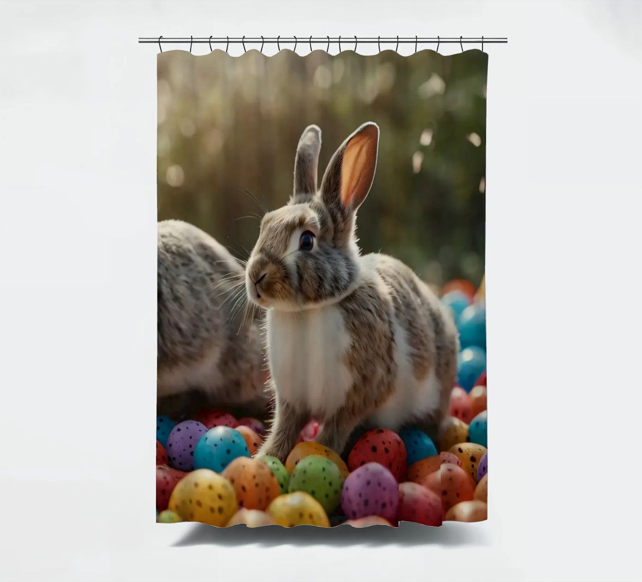 Rabbits exploring a colorful array of eggs shower curtain by DesignDoodle