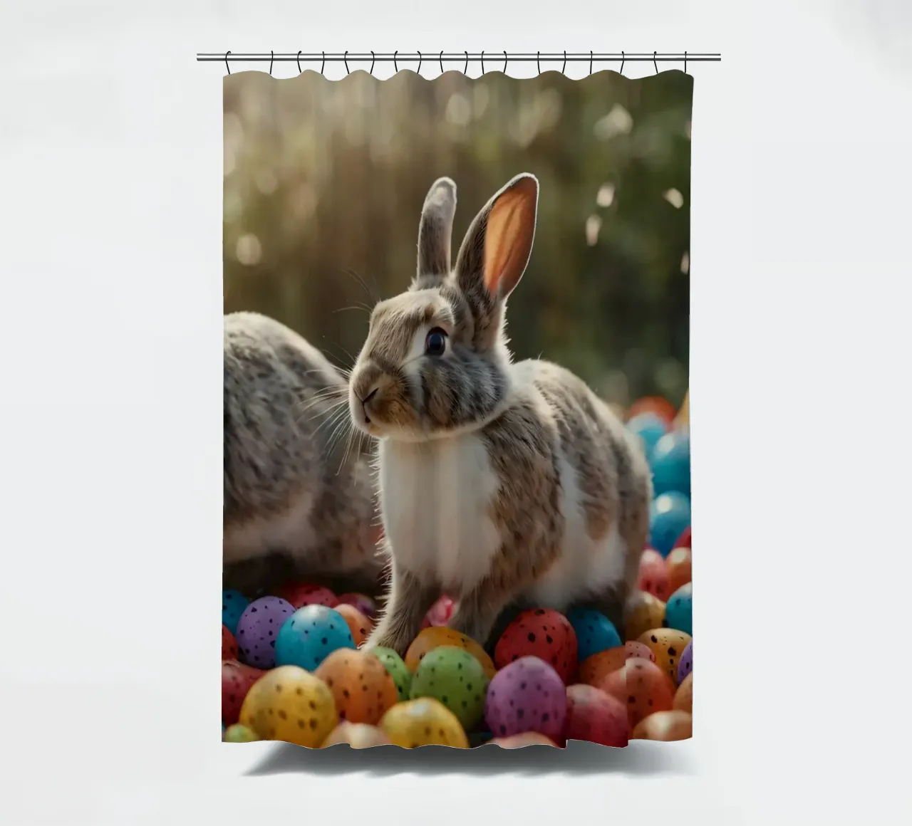 Conigli che esplorano una serie di uova colorate tenda da doccia da DesignDoodle